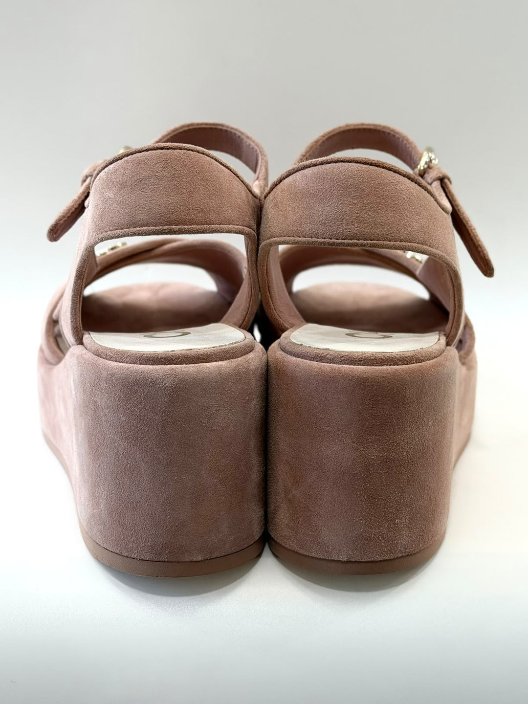 CHANEL SUEDE CALFSKIN PEEP TOE WEDGE SANDALS