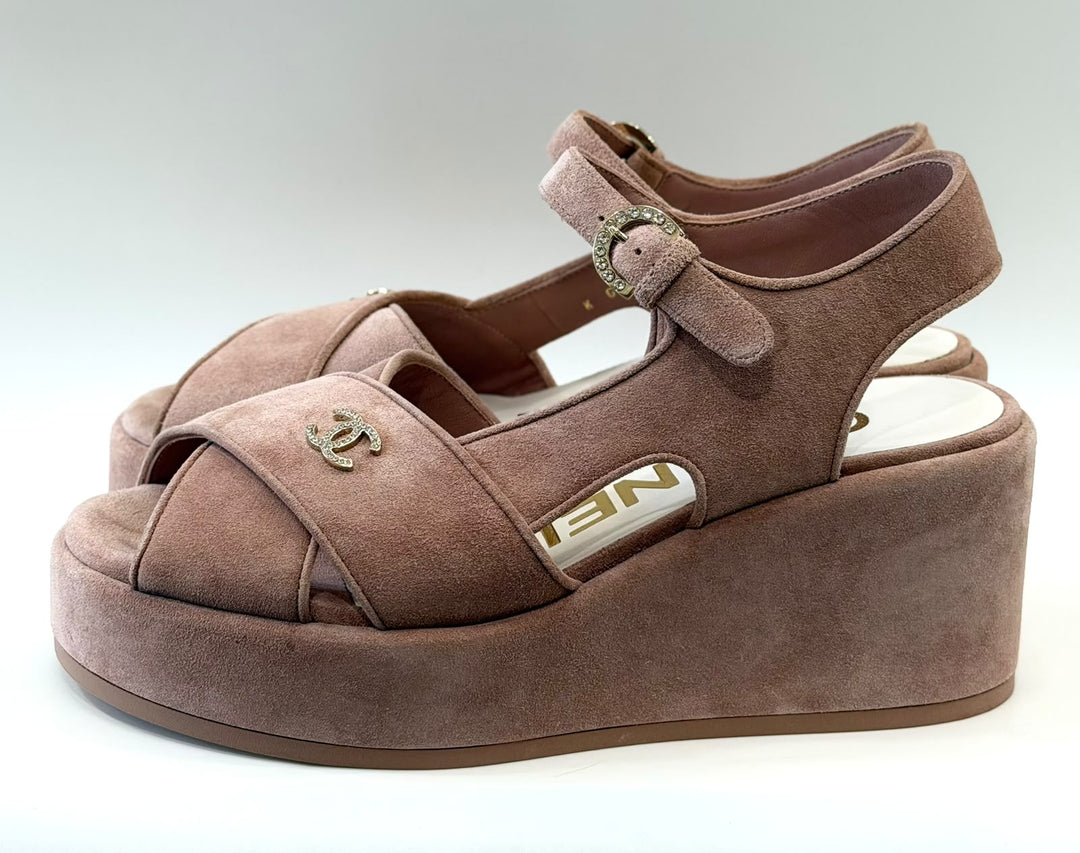 CHANEL SUEDE CALFSKIN PEEP TOE WEDGE SANDALS