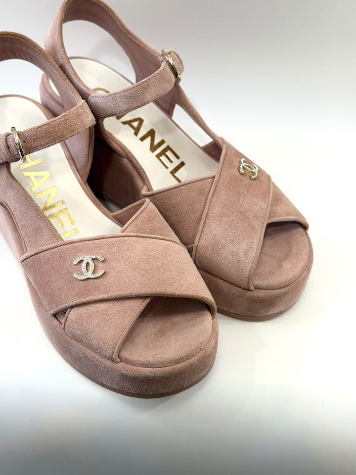 CHANEL SUEDE CALFSKIN PEEP TOE WEDGE SANDALS