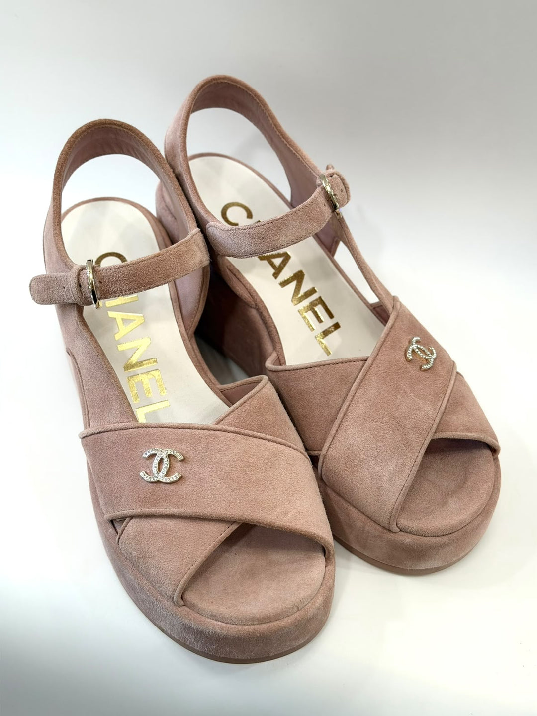 CHANEL SUEDE CALFSKIN PEEP TOE WEDGE SANDALS