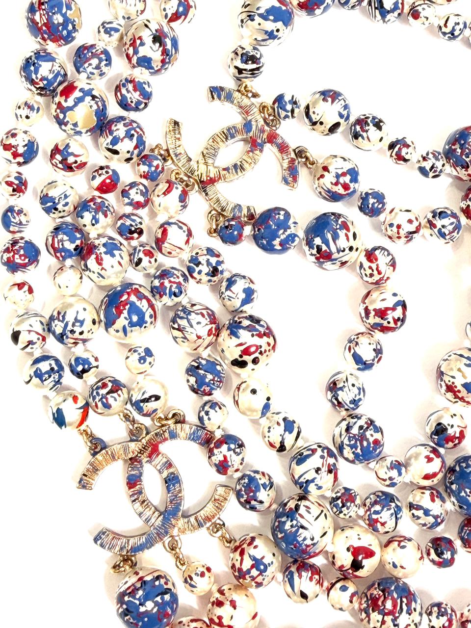 CHANEL TRIPLE STRAND SPLATTER PAINT PEARL NECKLACE