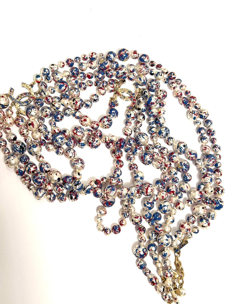 CHANEL TRIPLE STRAND SPLATTER PAINT PEARL NECKLACE