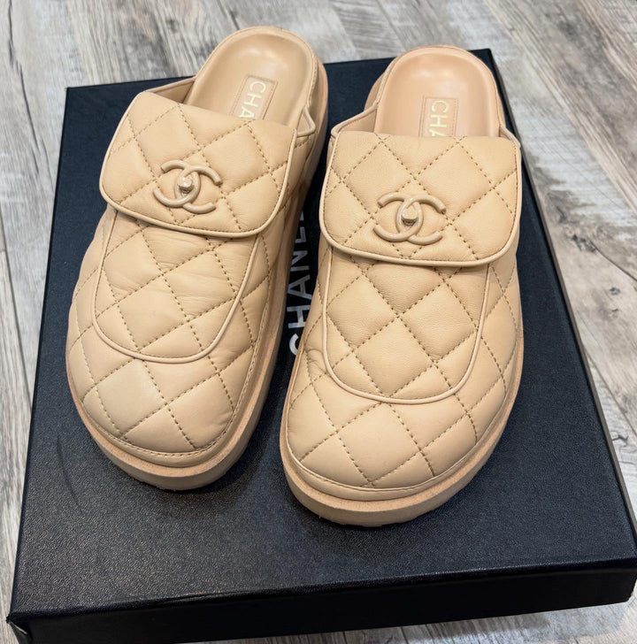 CHANEL TURNLOCK QUILTED MULES