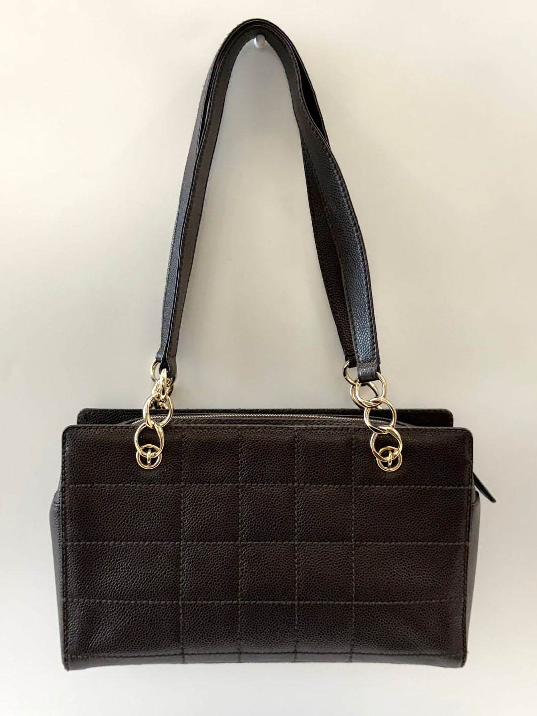 CHANEL VINTAGE QUILTED CAVIAR LEATHER CHOCOLATE BAR TOTE BAG