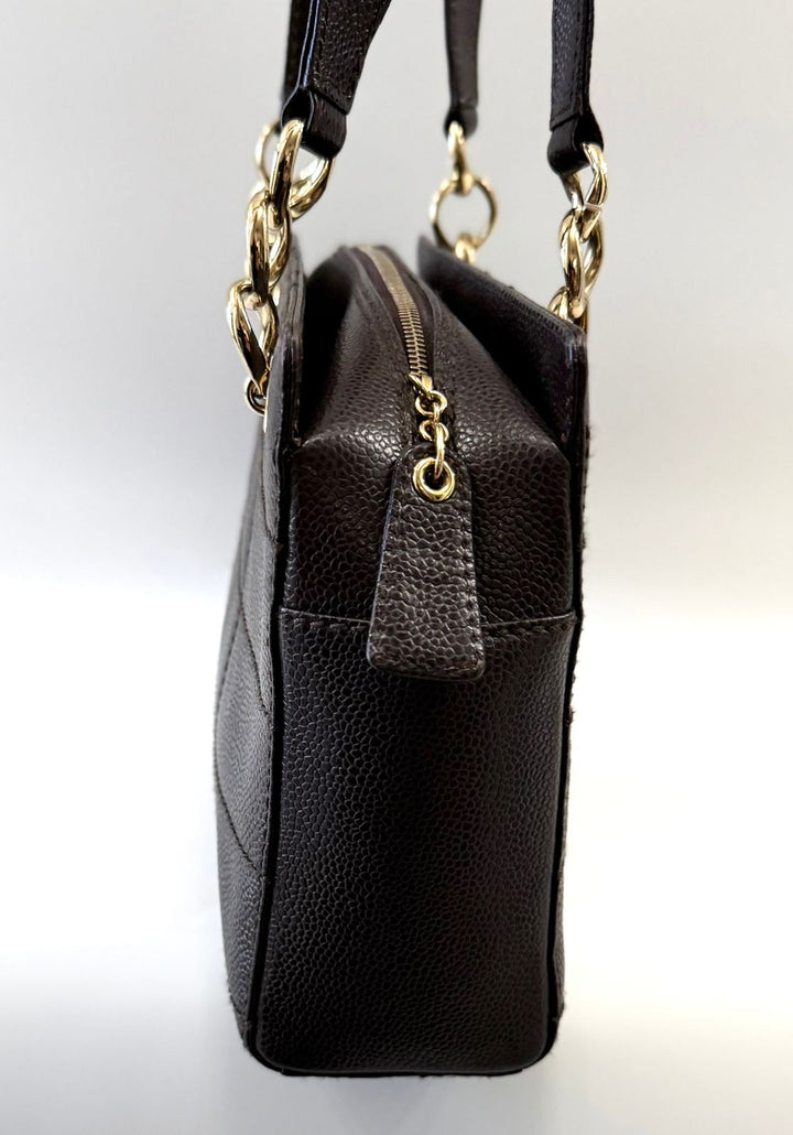 CHANEL VINTAGE QUILTED CAVIAR LEATHER CHOCOLATE BAR TOTE BAG