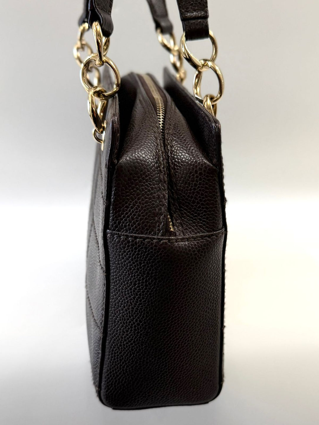 CHANEL VINTAGE QUILTED CAVIAR LEATHER CHOCOLATE BAR TOTE BAG