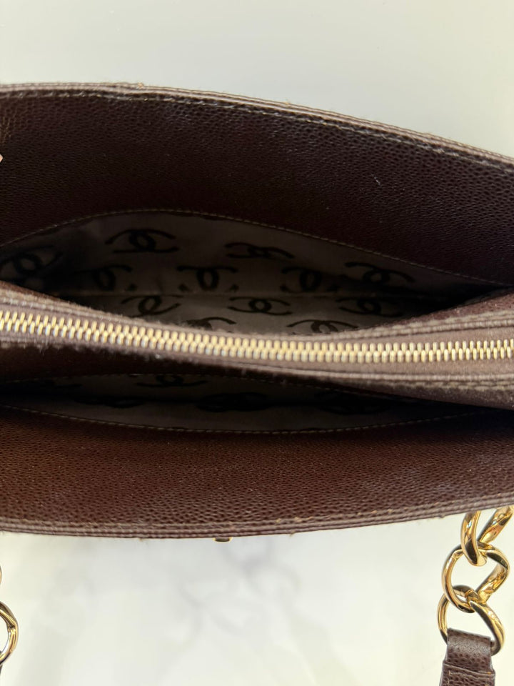 CHANEL VINTAGE QUILTED CAVIAR LEATHER CHOCOLATE BAR TOTE BAG