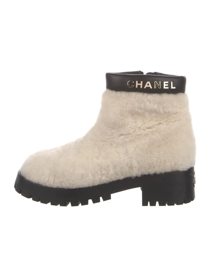CHANEL SHEARLING LAMBSKIN CC LOGO ANKLE WINTER BOOTS
