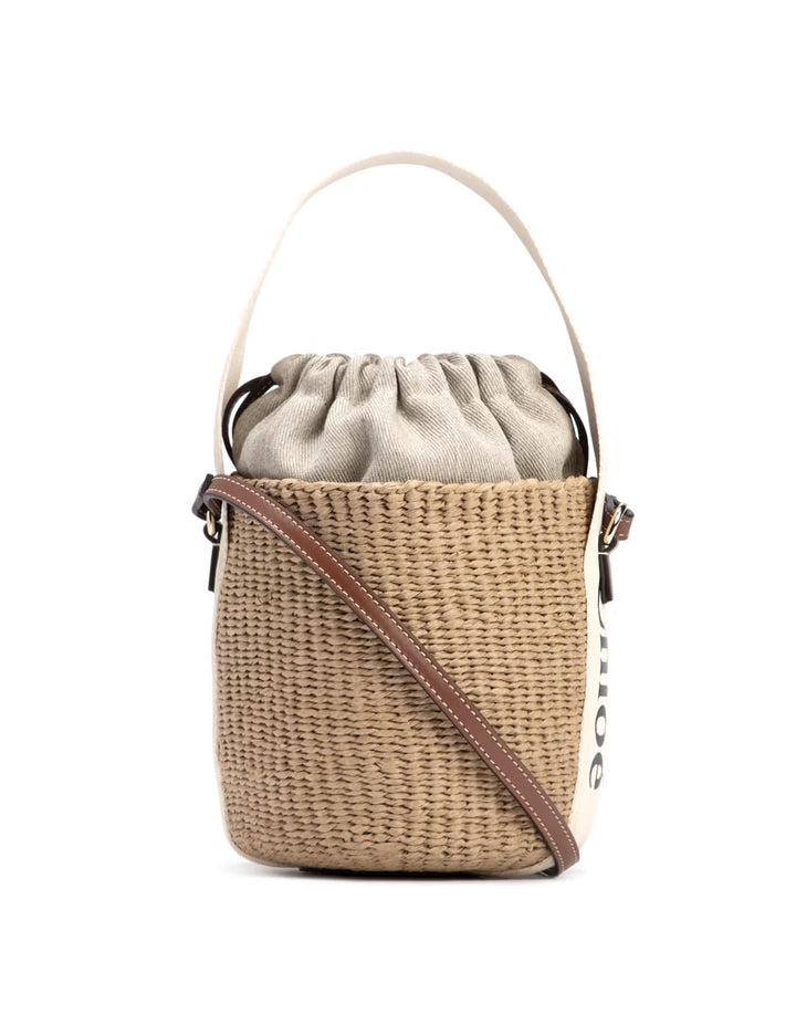 CHLOÉ BEIGE &amp; OFF WHITE SMALL WOODY BASKET BAG