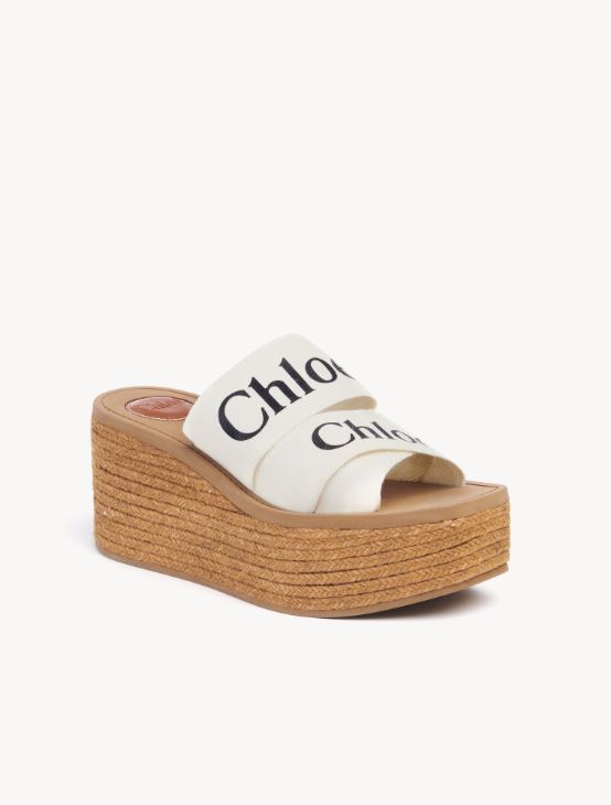 CHLOÉ CANVAS LOGO PRINT WOODY WEDGE PLATFORM SLIDE MULES