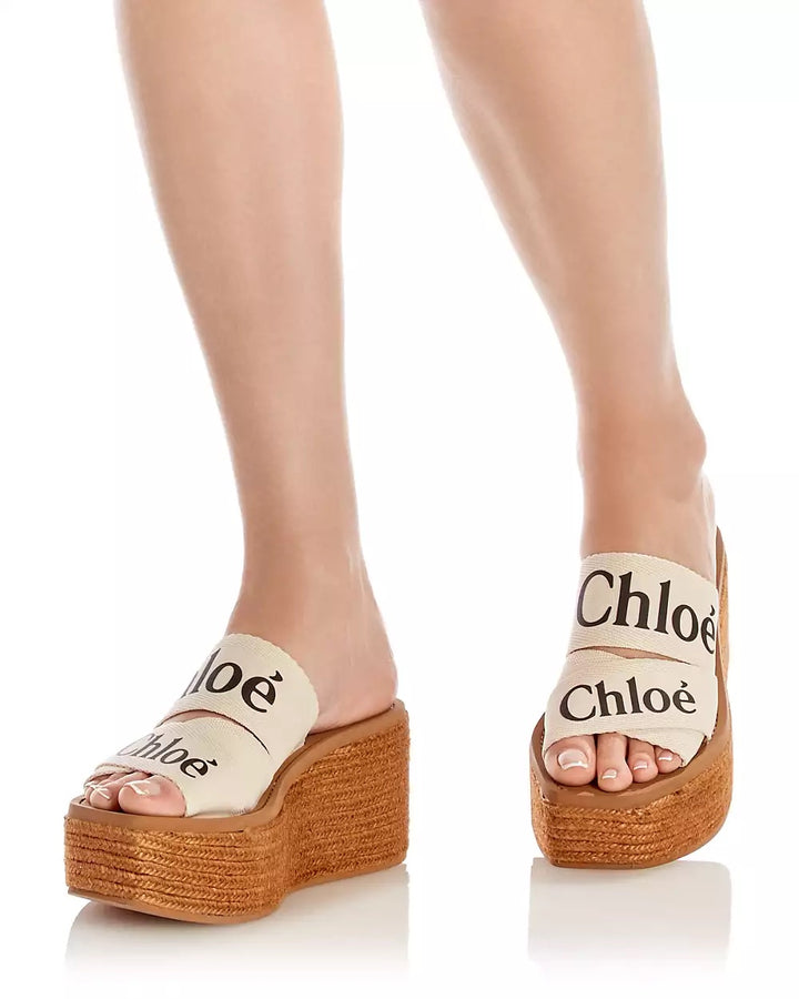 CHLOÉ CANVAS LOGO PRINT WOODY WEDGE PLATFORM SLIDE MULES