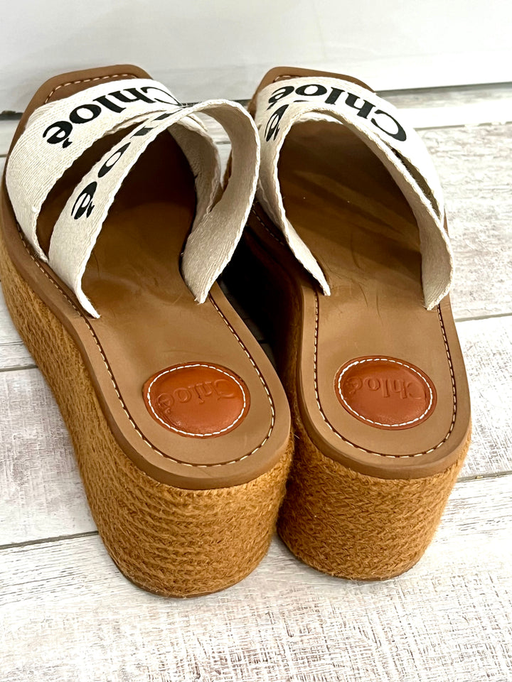 CHLOÉ CANVAS LOGO PRINT WOODY WEDGE PLATFORM SLIDE MULES