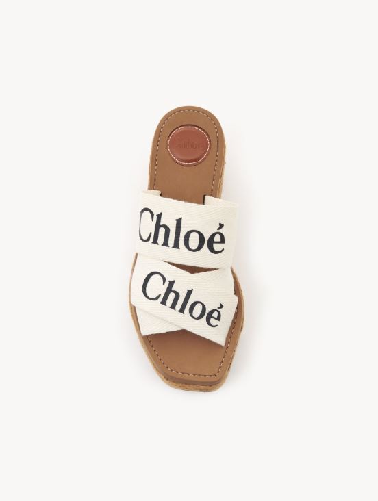 CHLOÉ CANVAS LOGO PRINT WOODY WEDGE PLATFORM SLIDE MULES