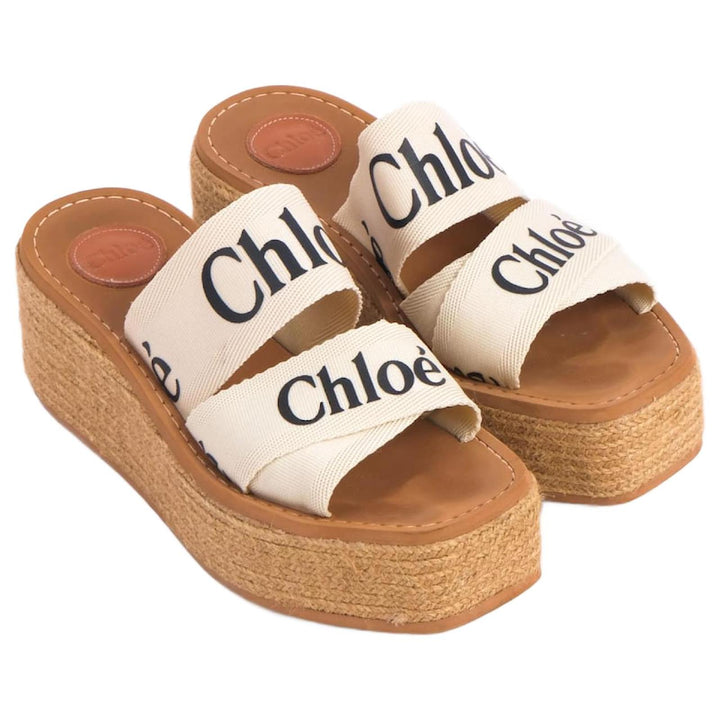 CHLOÉ CANVAS LOGO PRINT WOODY WEDGE PLATFORM SLIDE MULES