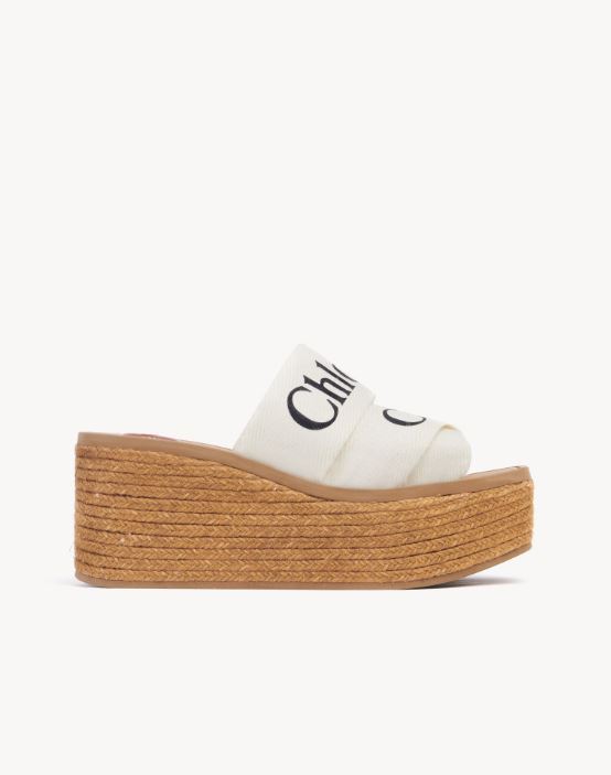 CHLOÉ CANVAS LOGO PRINT WOODY WEDGE PLATFORM SLIDE MULES