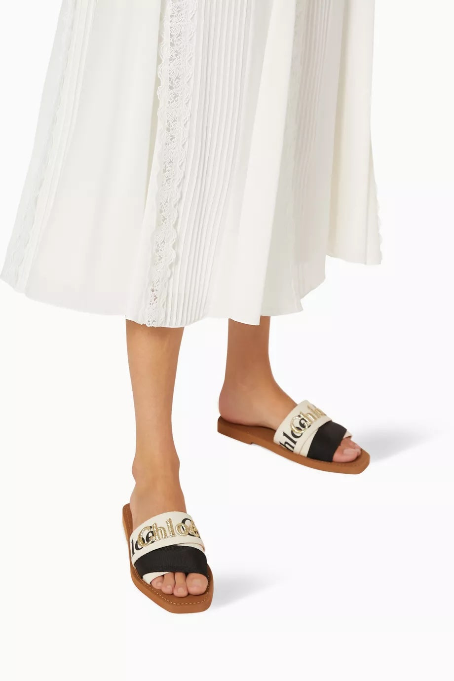 CHLOÉ WOODY METALLIC EMBROIDERED LOGO MULES