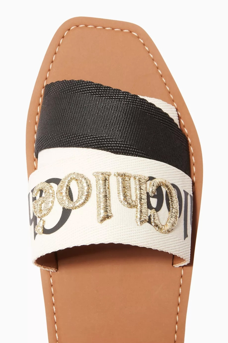 CHLOÉ WOODY METALLIC EMBROIDERED LOGO MULES
