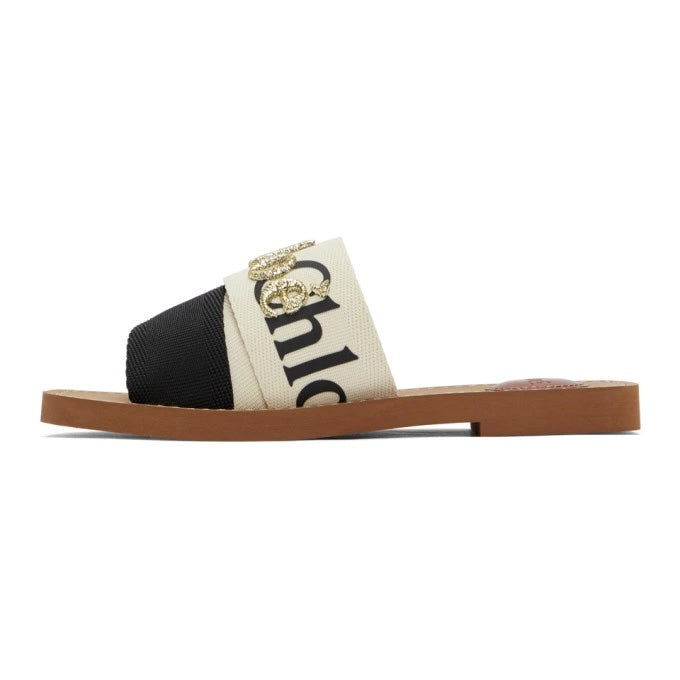 CHLOÉ WOODY METALLIC EMBROIDERED LOGO MULES