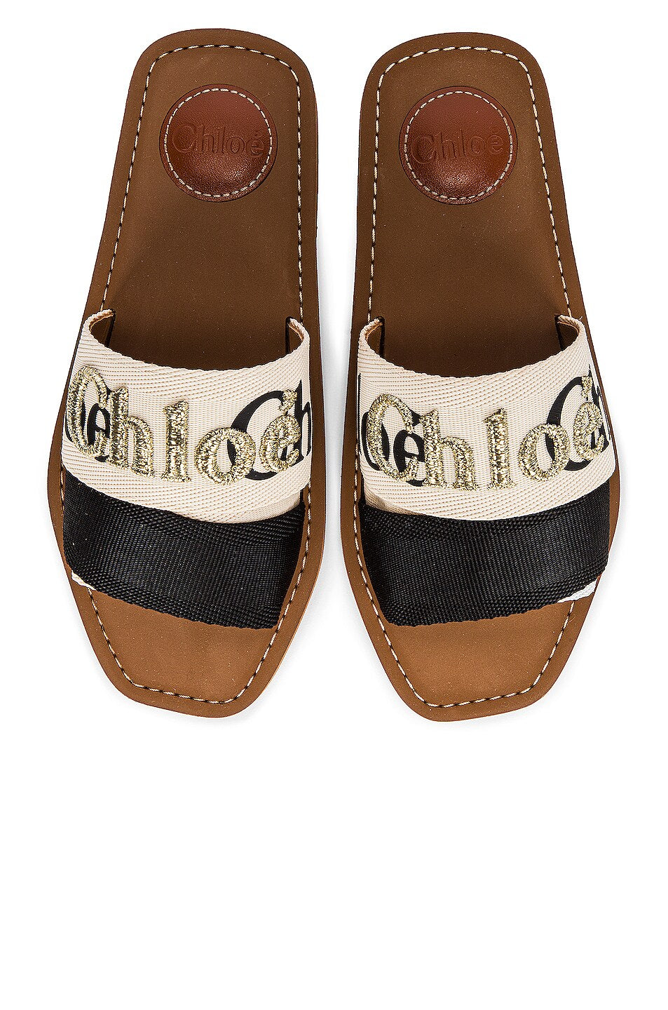 CHLOÉ WOODY METALLIC EMBROIDERED LOGO MULES