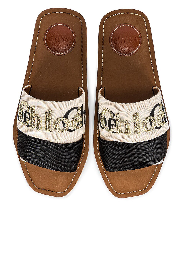 CHLOÉ WOODY METALLIC EMBROIDERED LOGO MULES