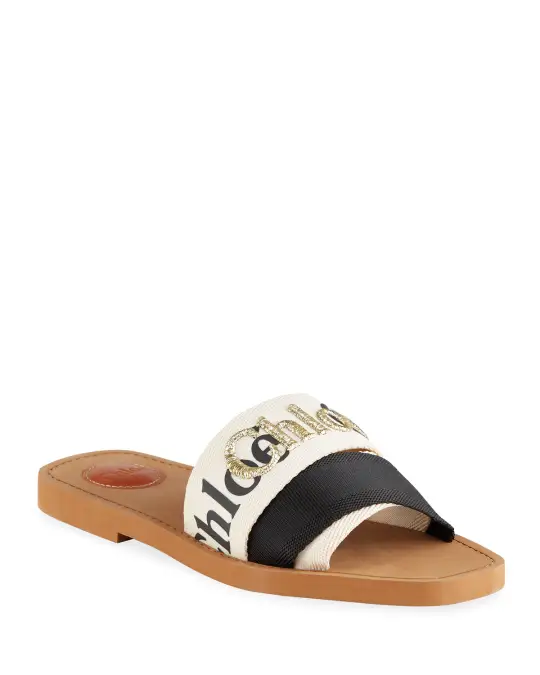 CHLOÉ WOODY METALLIC EMBROIDERED LOGO MULES