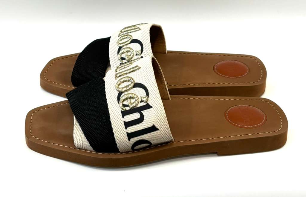 CHLOÉ WOODY METALLIC EMBROIDERED LOGO MULES