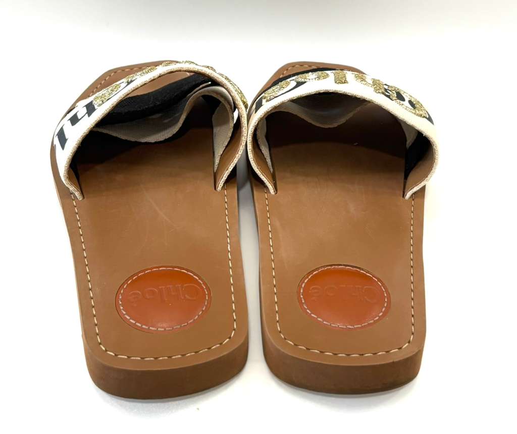 CHLOÉ WOODY METALLIC EMBROIDERED LOGO MULES