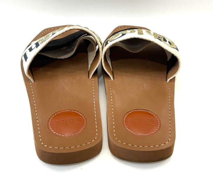CHLOÉ WOODY METALLIC EMBROIDERED LOGO MULES