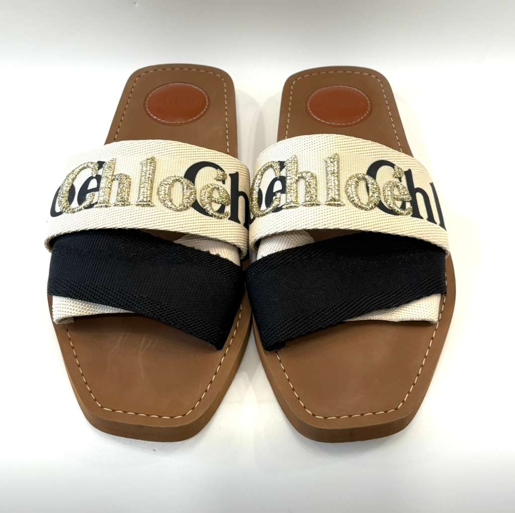CHLOÉ WOODY METALLIC EMBROIDERED LOGO MULES
