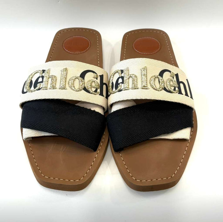CHLOÉ WOODY METALLIC EMBROIDERED LOGO MULES