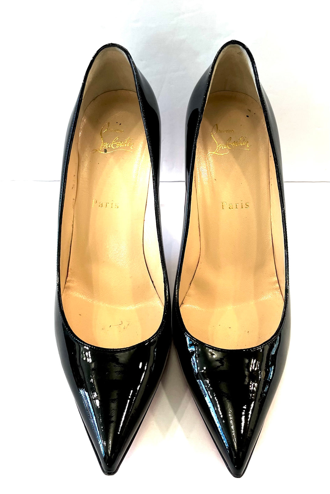 CHRISTIAN LOUBOUTIN DECOLTISH 85 SHINY PATENT LEATHER PUMPS