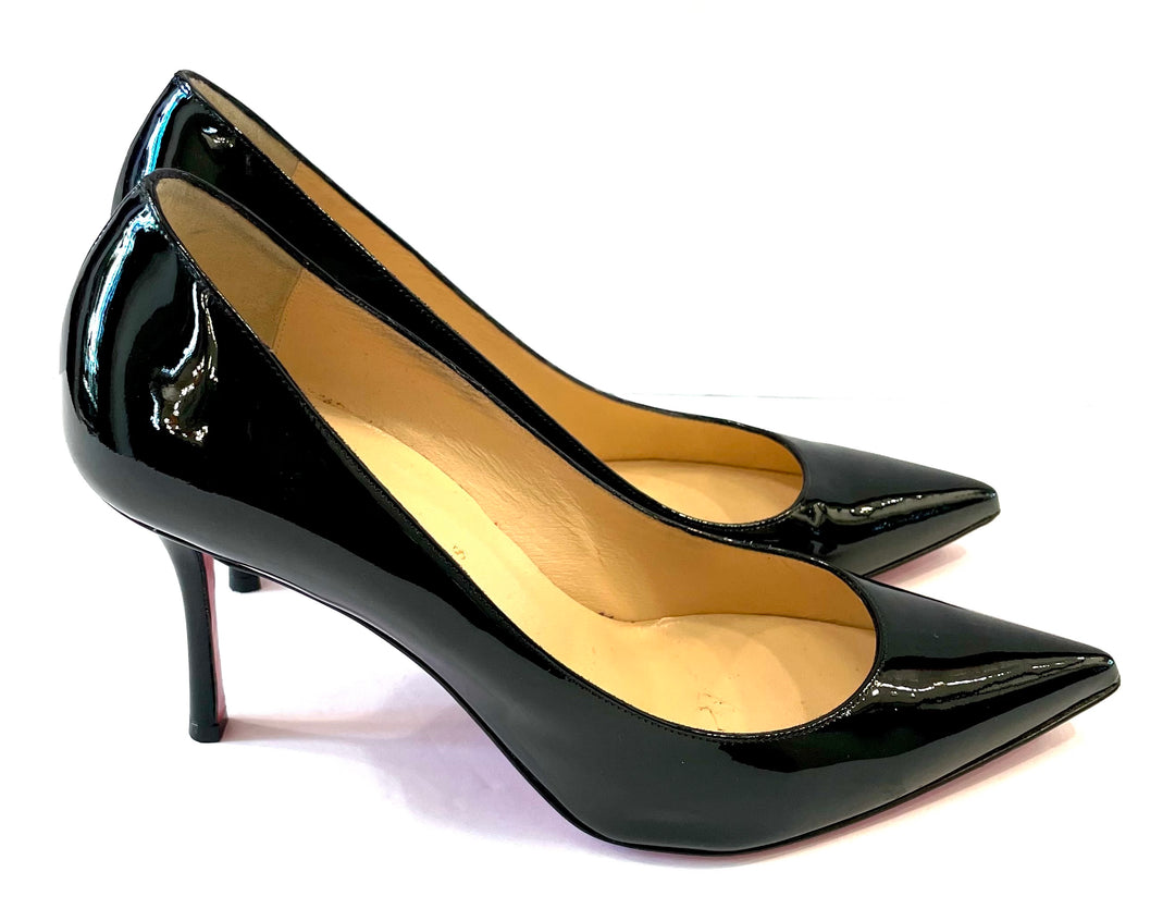 CHRISTIAN LOUBOUTIN DECOLTISH 85 SHINY PATENT LEATHER PUMPS