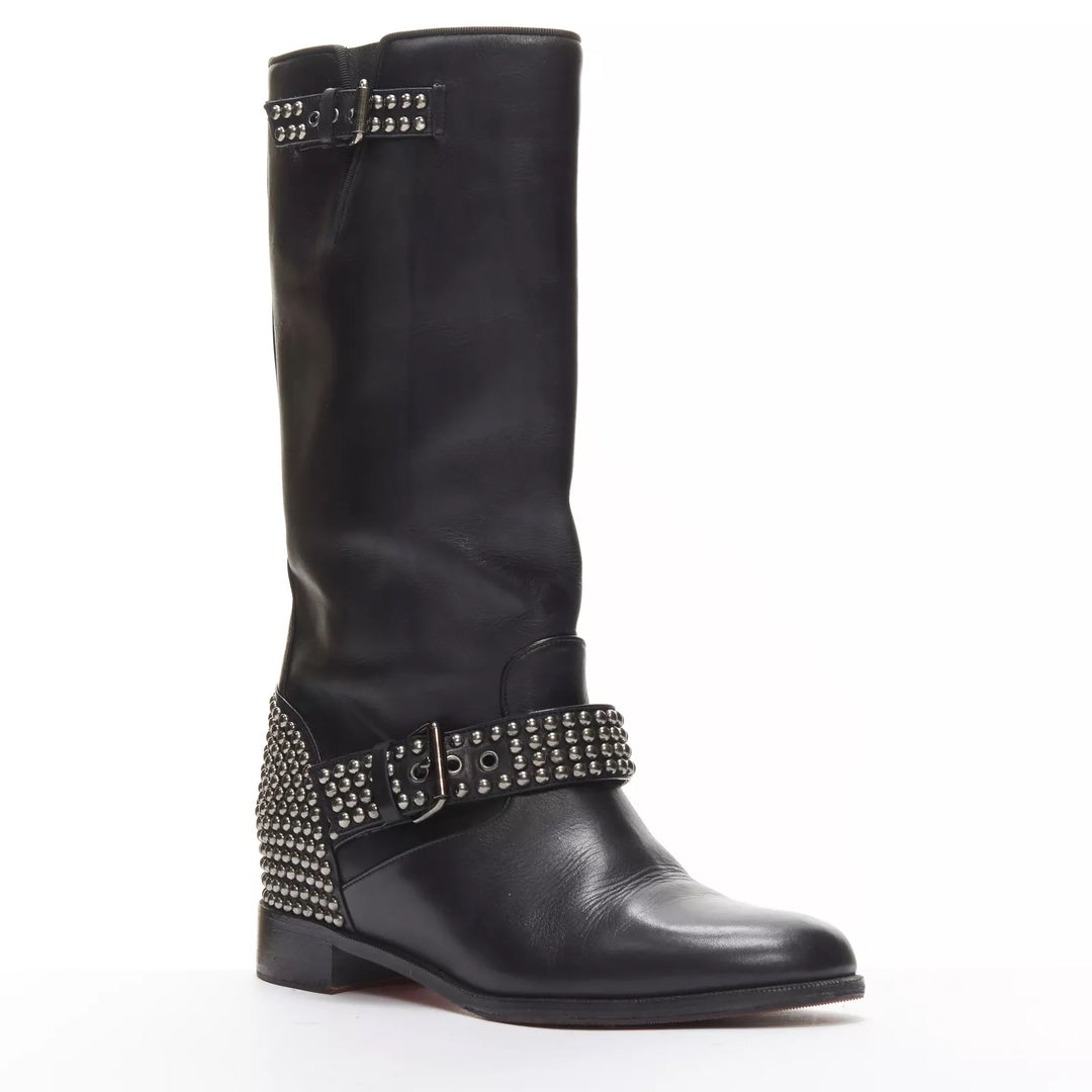 CHRISTIAN LOUBOUTIN BICLOUBUTU SPIKE STUDDED BUCKLE LEATHER BOOTS