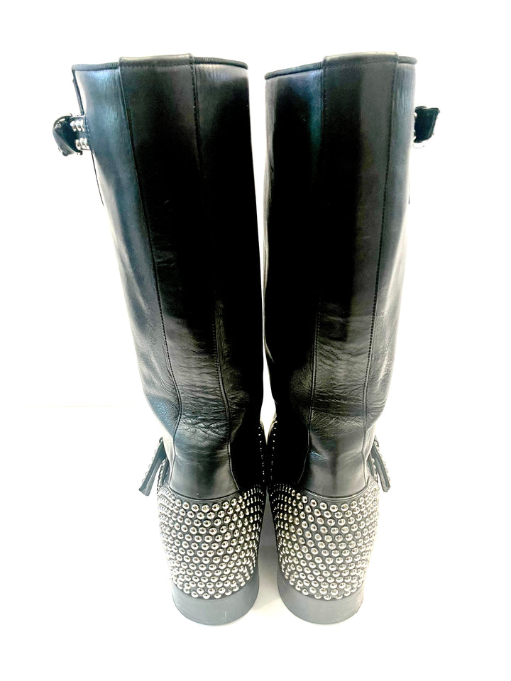 CHRISTIAN LOUBOUTIN BICLOUBUTU SPIKE STUDDED BUCKLE LEATHER BOOTS