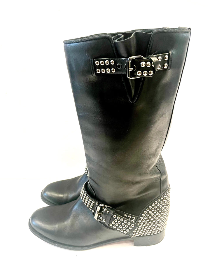 CHRISTIAN LOUBOUTIN BICLOUBUTU SPIKE STUDDED BUCKLE LEATHER BOOTS
