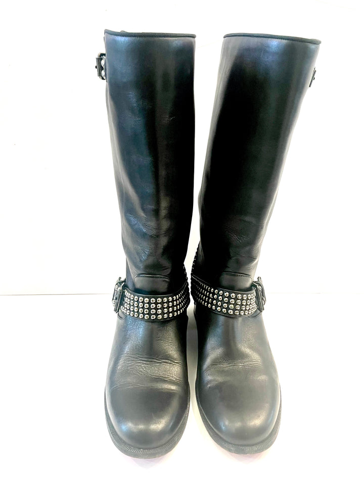 CHRISTIAN LOUBOUTIN BICLOUBUTU SPIKE STUDDED BUCKLE LEATHER BOOTS