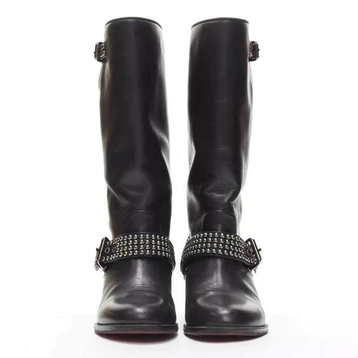 CHRISTIAN LOUBOUTIN BICLOUBUTU SPIKE STUDDED BUCKLE LEATHER BOOTS