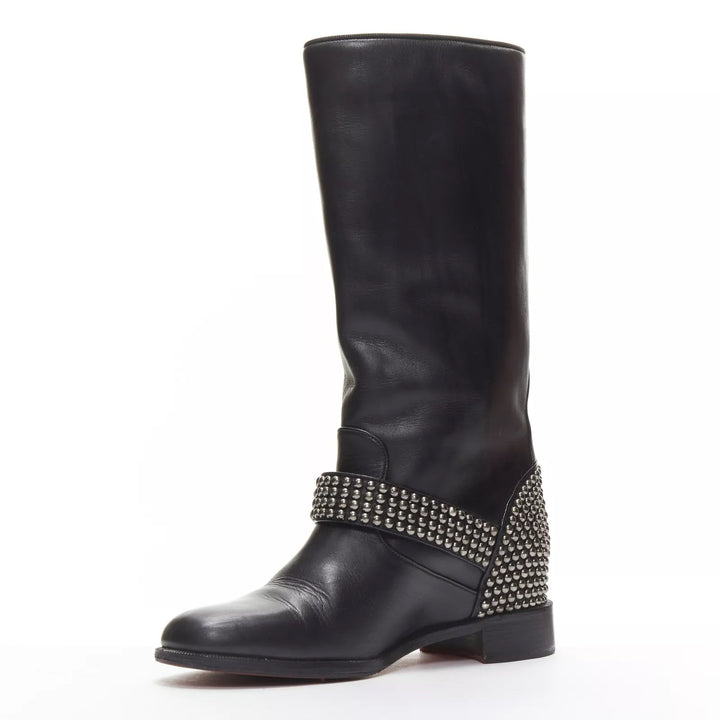 CHRISTIAN LOUBOUTIN BICLOUBUTU SPIKE STUDDED BUCKLE LEATHER BOOTS