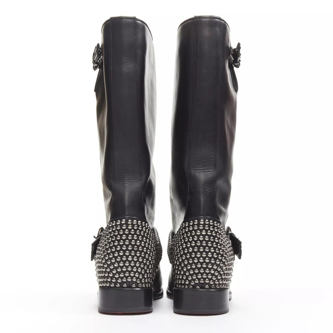 CHRISTIAN LOUBOUTIN BICLOUBUTU SPIKE STUDDED BUCKLE LEATHER BOOTS