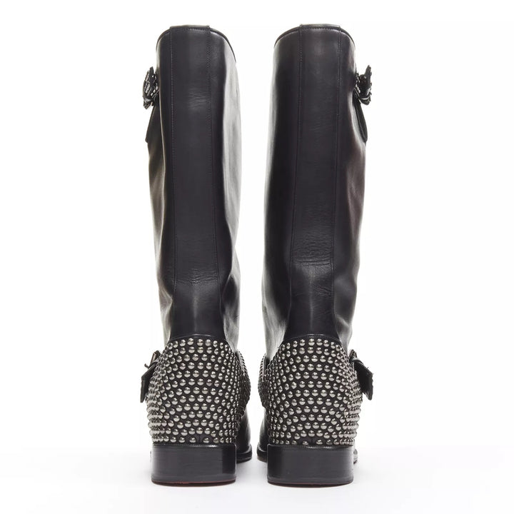 CHRISTIAN LOUBOUTIN BICLOUBUTU SPIKE STUDDED BUCKLE LEATHER BOOTS
