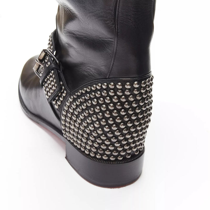CHRISTIAN LOUBOUTIN BICLOUBUTU SPIKE STUDDED BUCKLE LEATHER BOOTS