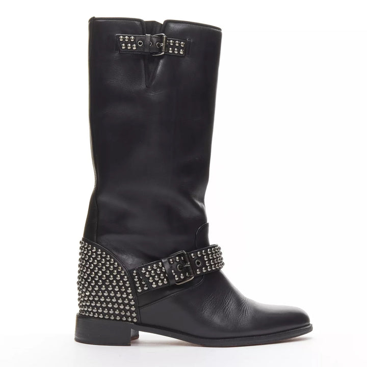 CHRISTIAN LOUBOUTIN BICLOUBUTU SPIKE STUDDED BUCKLE LEATHER BOOTS