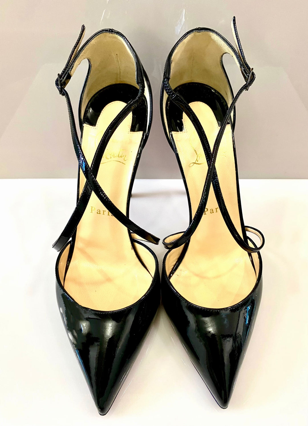 CHRISTIAN LOUBOUTIN PATENT CROSS BLAKE 100 PUMPS