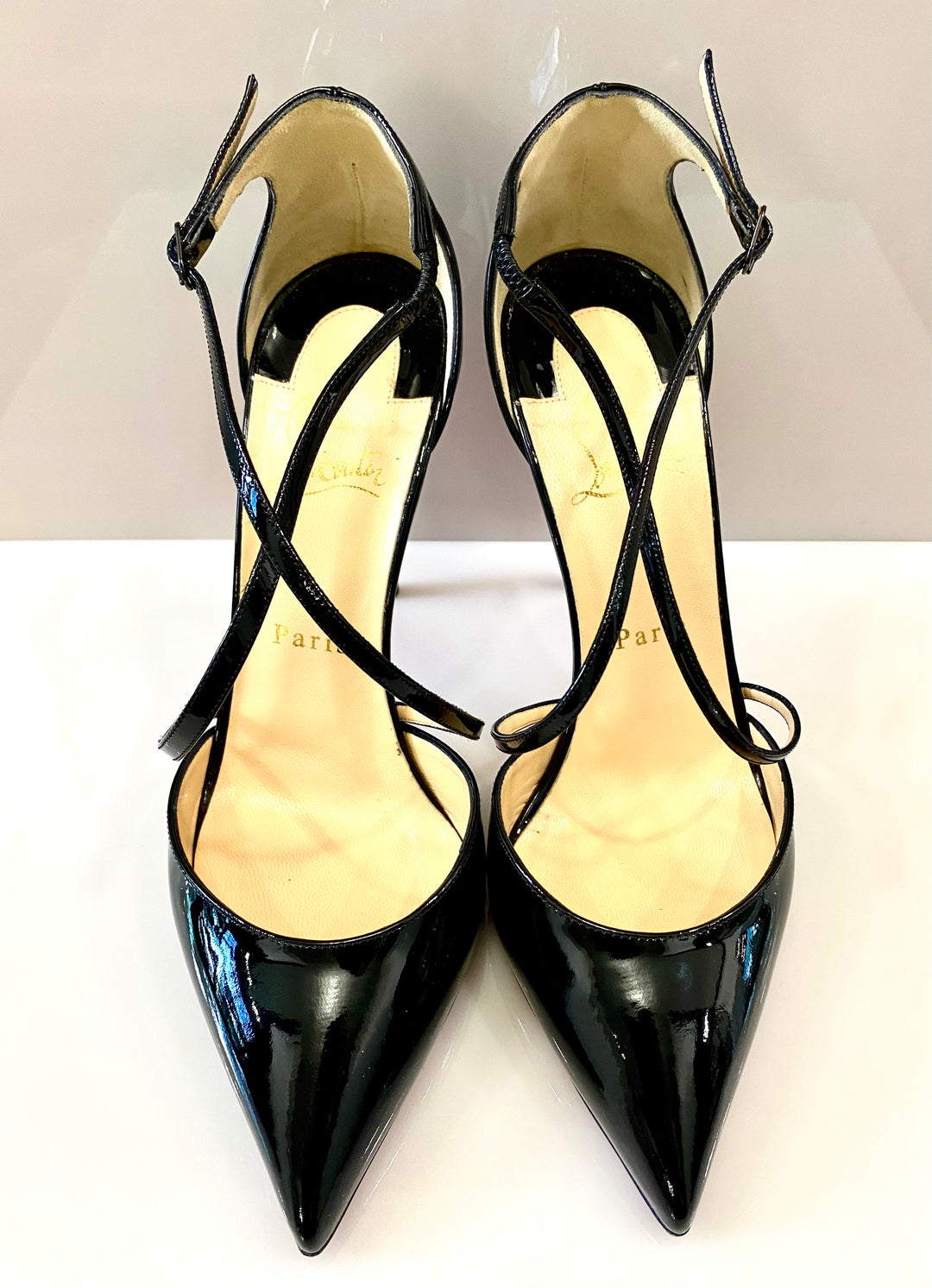 CHRISTIAN LOUBOUTIN PATENT CROSS BLAKE 100 PUMPS
