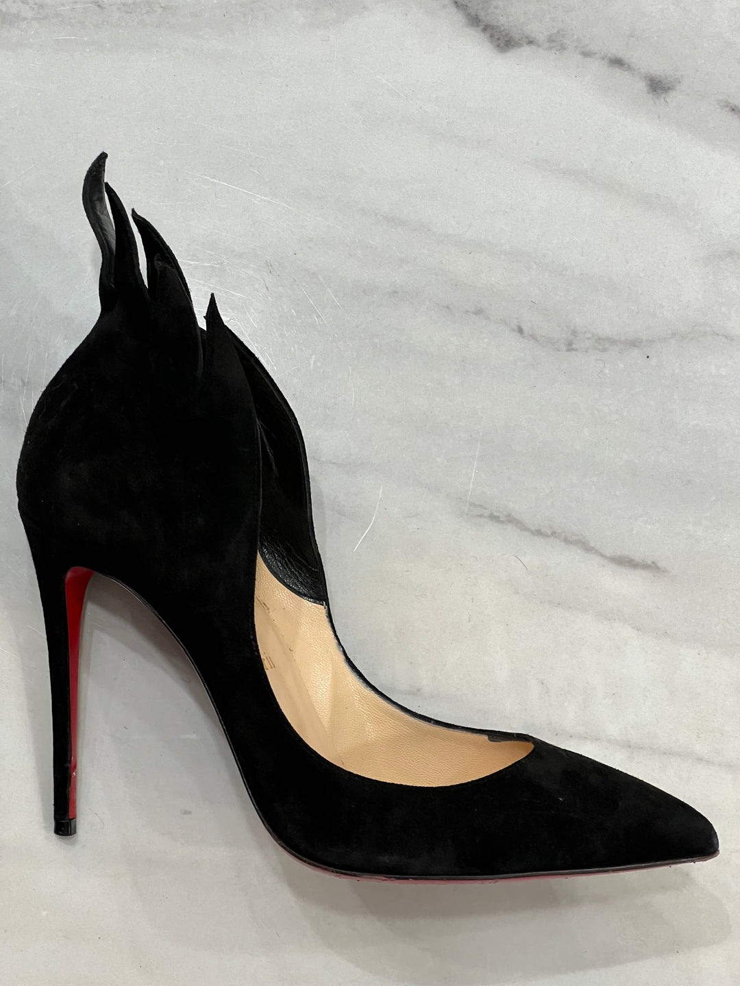 CHRISTIAN LOUBOUTIN VICTORINA 100 SUEDE FLAME PUMPS