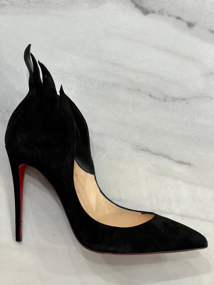 CHRISTIAN LOUBOUTIN VICTORINA 100 SUEDE FLAME PUMPS