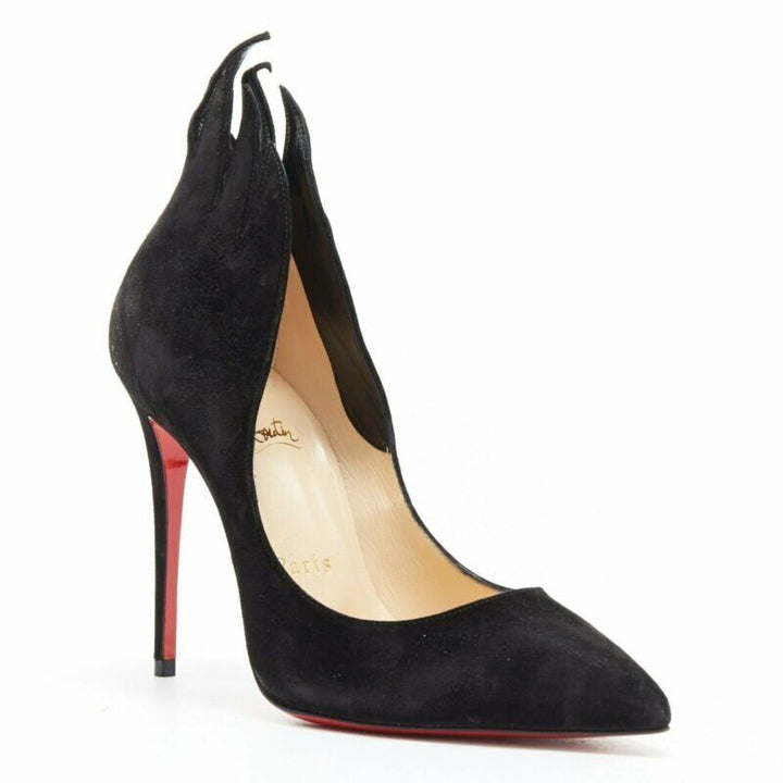CHRISTIAN LOUBOUTIN VICTORINA 100 SUEDE FLAME PUMPS
