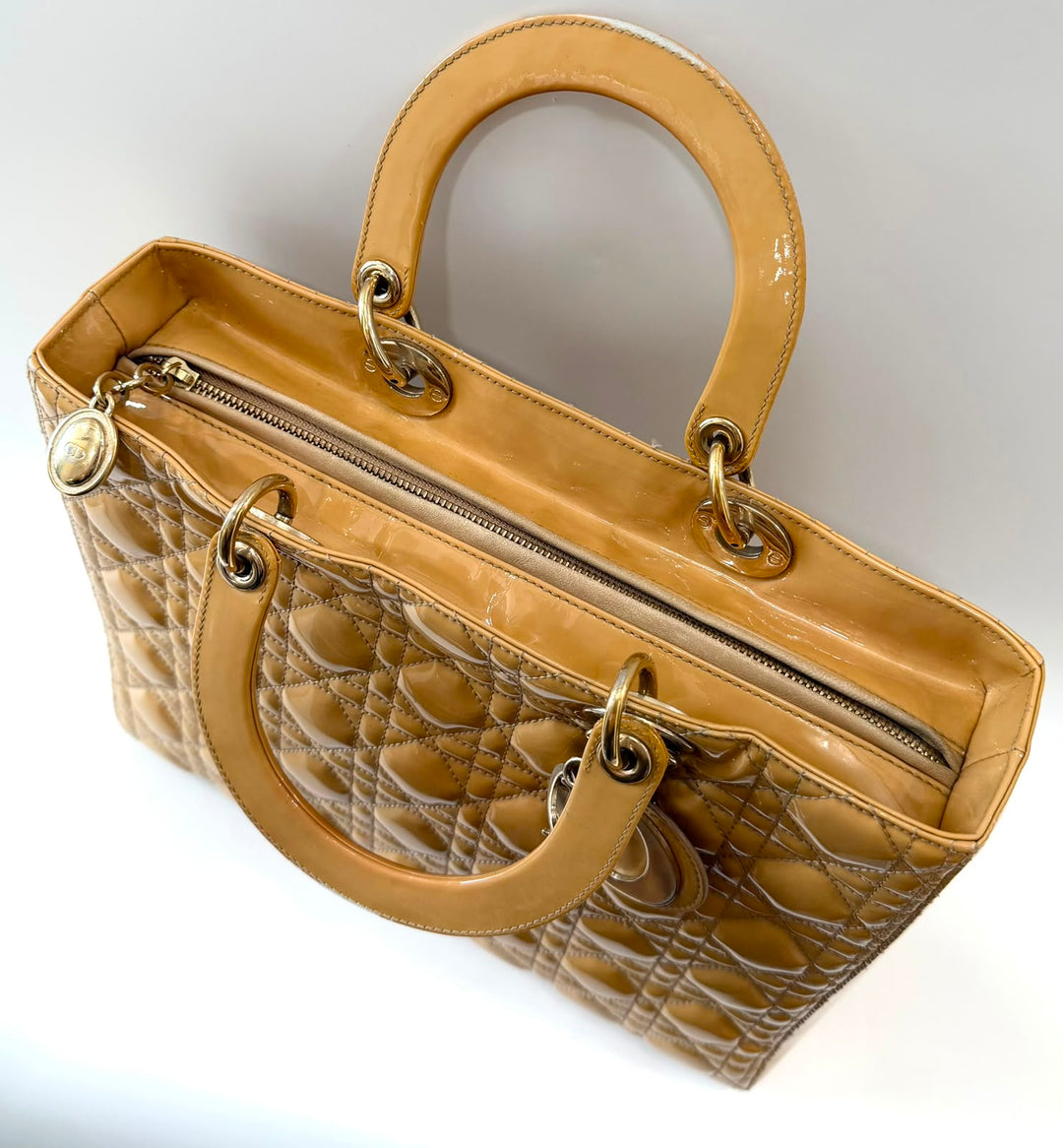 DIOR LADY DIOR CANNAGE PATENT CALF LEATHER LARGE TOTE BAG