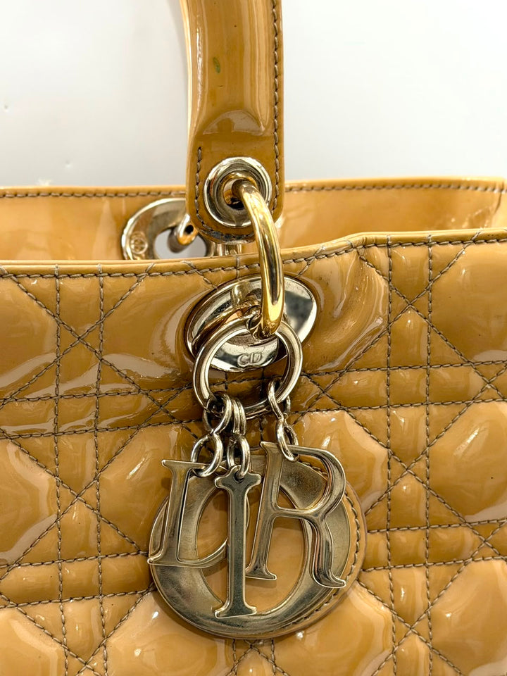 DIOR LADY DIOR CANNAGE PATENT CALF LEATHER LARGE TOTE BAG
