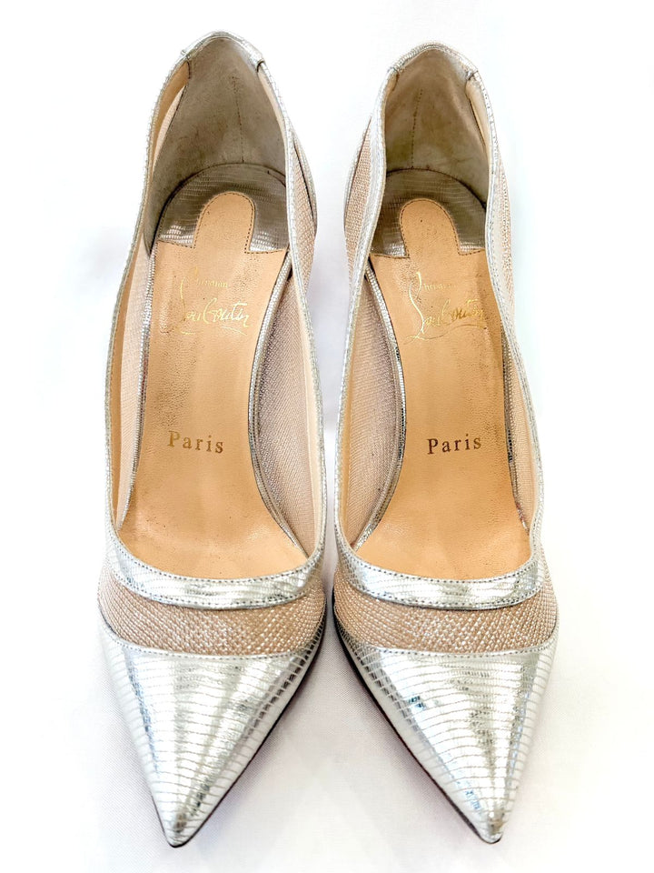 LOUBOUTIN GALATIVI 100 METALLIC LEATHER &amp; MESH PUMPS